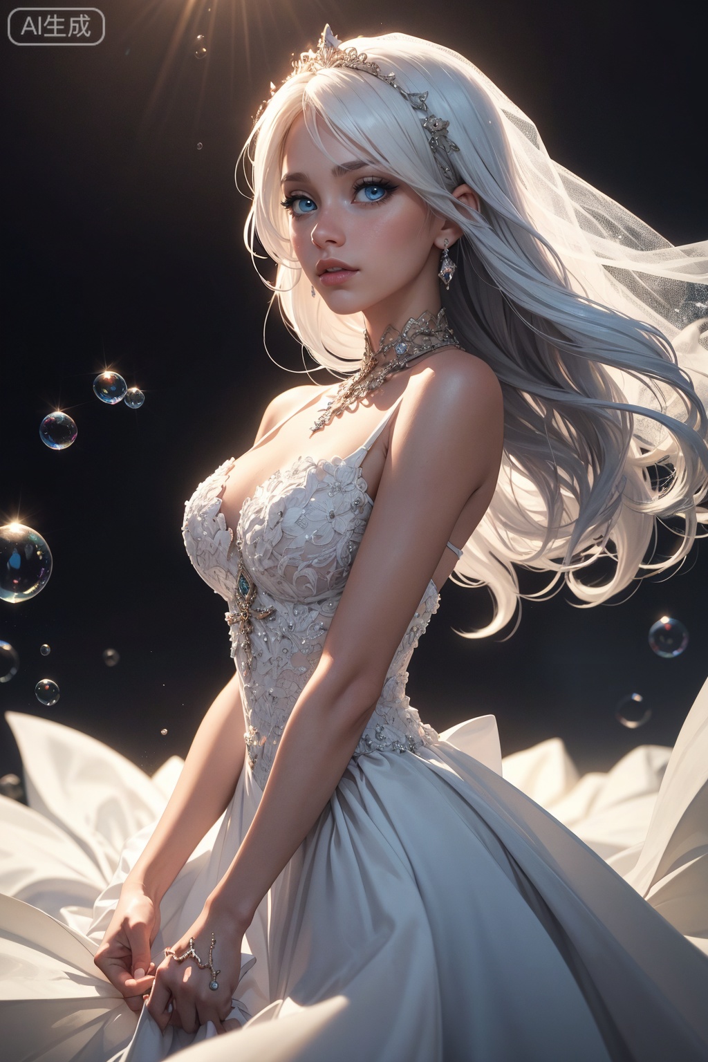 ink (focus on face),sunset,detailed clothes,detailed face,detailed skin,lens flare watercolor (medium)ï¼Œ ((masterpice))ï¼Œsprayï¼Œbubbleï¼Œintricate detail, reflection light,contour deepening,cinematic lighting,1 girlï¼Œ {{detailed white hair}}ï¼Œ(detailed blue eyes) ï¼Œlong hairï¼Œ((shiny hair)),((hair strand)), {{aqua eyes}}ï¼Œmedium breasts, Floating white silk,(floating water),(((colorful bubble))),dream,(((extremely detailed CG unity 8k wallpaper))),{painting},(((ink))),amazing,(floating flow),(Luminous),beautiful detailed water,drenchedskirt type wedding dress