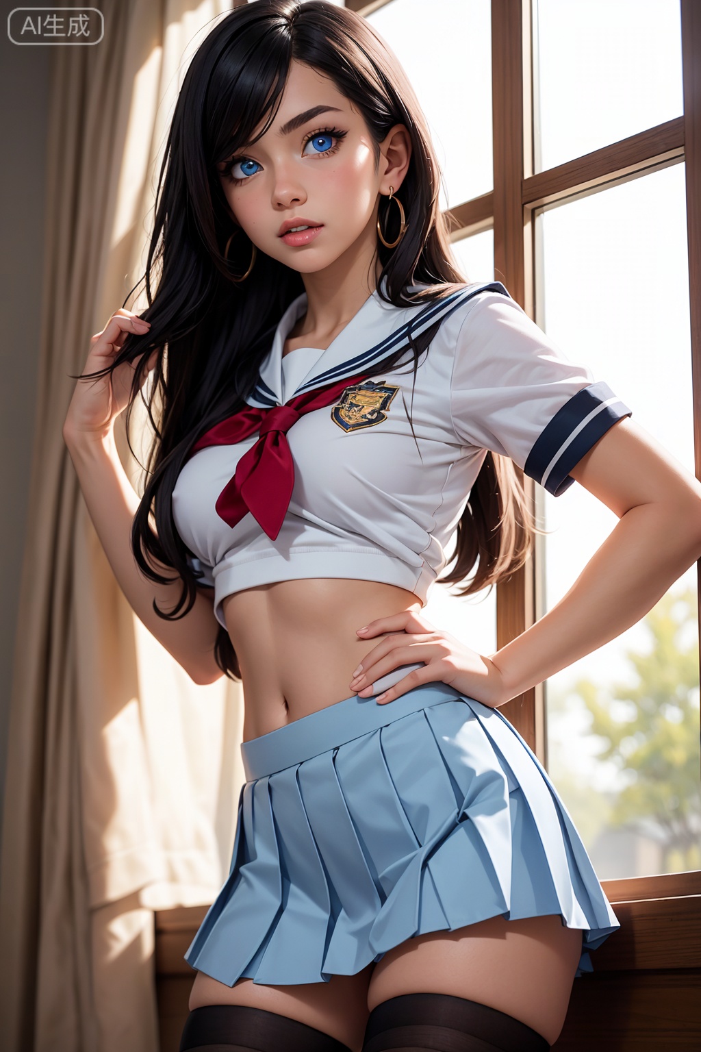 1girl, solo, long hair, breasts, looking at viewer, blue eyes, skirt, black hair, thighhighs, navel, jewelry, school uniform, pleated skirt, earrings, serafuku, midriff, white thighhighs, blue skirt, cosplay, window, realistic