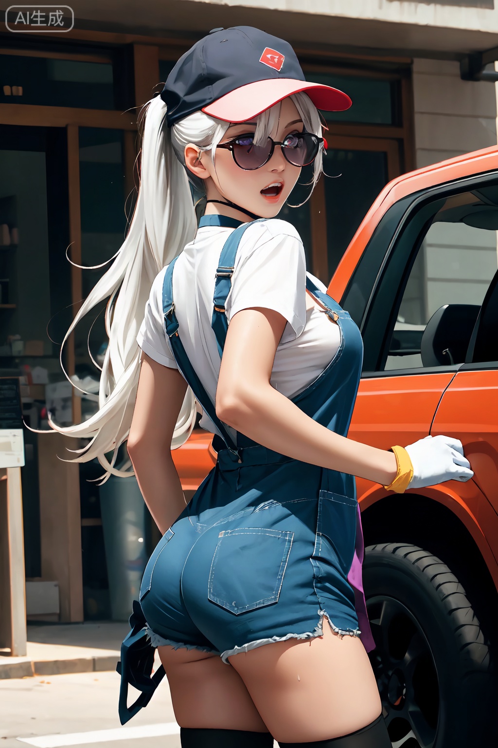 ((artist:betabeet)),artist:john_kafka,artist:nixeu,artist:quasarcake,nukoxx_02,1girl, solo, breasts, long hair, gloves, large breasts, white hair, overalls, cleavage, single glove, ass, shorts, ground vehicle, apron, sideboob, red eyes, purple eyes, motor vehicle, very long hair, ponytail, choker, wrench, open mouth, sweat, hat, thighhighs, short shorts