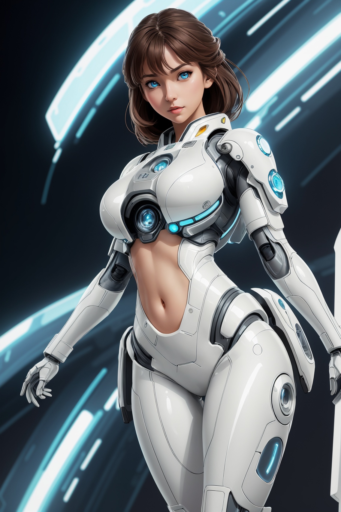1girl, Science fiction background, solo, ((beautiful detailed transparent background tachi-e)), standing on base, vivid pale color tone, shading eyes, navel, dynamic angle, concept art, original art, outline, ultra detailed art, seductive eyes, Big breasts, nikon d850, smooth, dynamic lighting, Big tits