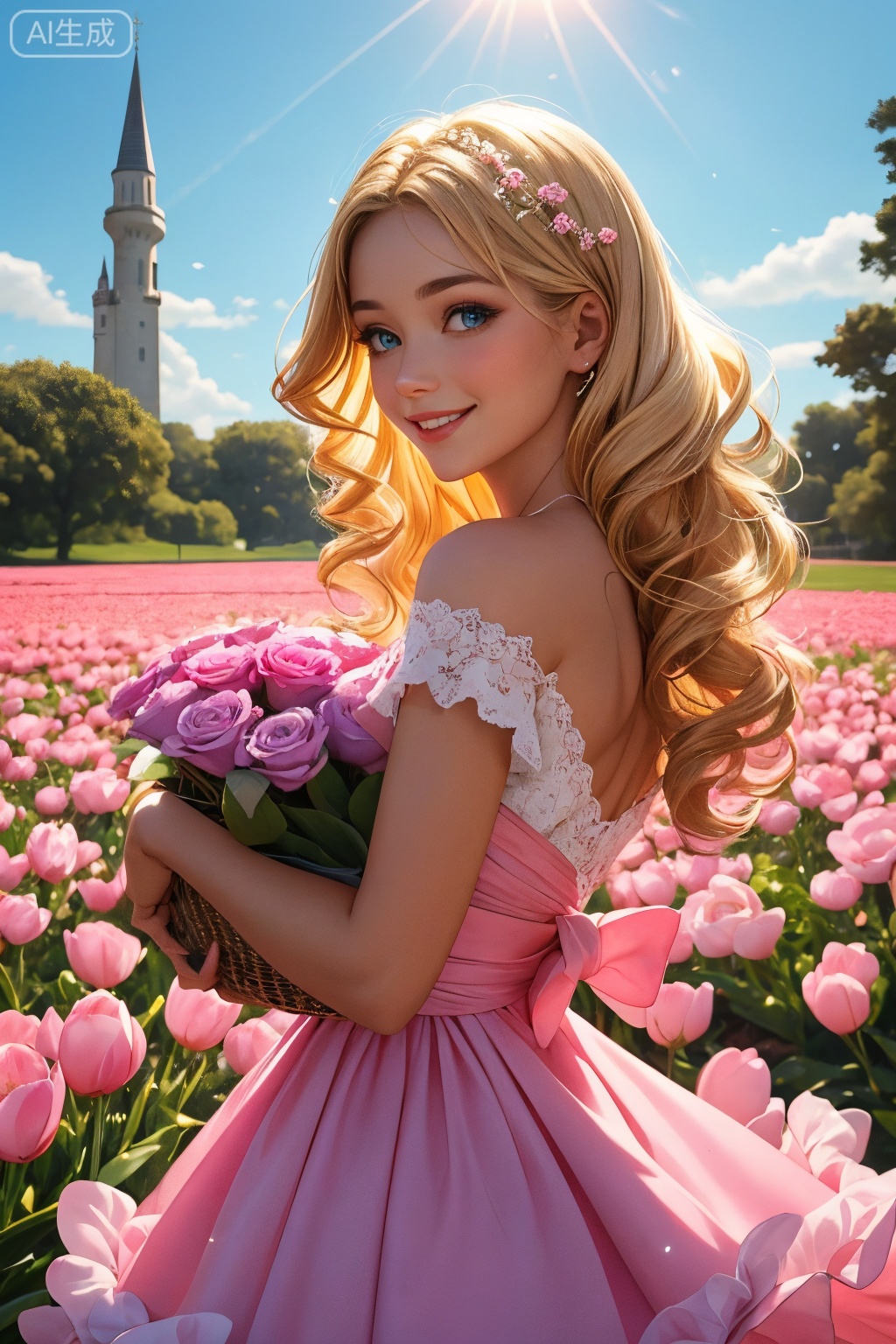 Cute beauty girl with pink dress, blonde curly hair, sweet smile and cute eyes make a heartwarming picture.

In this beautiful picture, the beauty girl is wearing a pink dress, the lace and bow decorations on the dress add a sweetness and cuteness. Her blonde curly hair sparkled in the sunlight, as if it was inlaid with a golden halo. Her smile was as warm and bright as the spring sunshine, letting people feel endless gentleness and kindness. Her eyes were like deep lakes, reflecting endless budding and loveliness.

Behind her was a sea of pink flowers. These flowers bloomed around her as if to welcome her. In the center of the sea of flowers, there was a small and delicate pink castle, the spire of which glittered in the sunlight as if it was a fantastic existence.

The color tone of the picture was dominated by pink, full of sweetness and warmth. The body of the beautiful maiden exuded a faint pink glow, as if it was the aroma emanating from her body. The entire picture was shrouded in a layer of pink aura, making people feel endless tenderness and romance.
