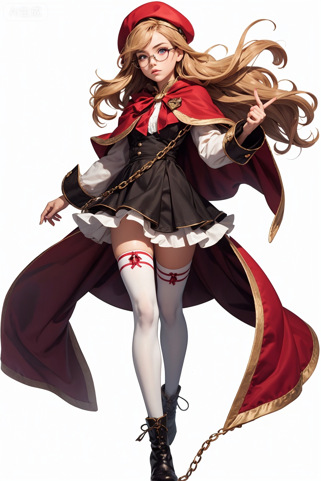 best quality,1girl,glasses,hat,solo,full body,looking at viewer,white background,chain,long hair,purple eyes,book,thighhighs,wavy hair,beret,simple background,frills,brown hair,dress,magic,capelet,boots,white thighhighs,ribbon,skirt,fur trim,blonde hair,cuffs,floating,red headwear,,