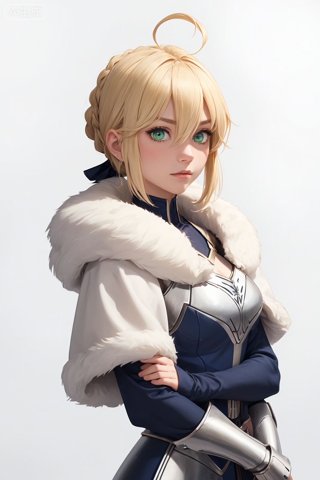1girl, solo, blonde hair, artoria pendragon (fate), green eyes, , white background, hair between eyes, ribbon, armor, blue ribbon, fur trim, hair ribbon, bangs, ahoge, simple background, closed mouth, braid, short hair,full_body