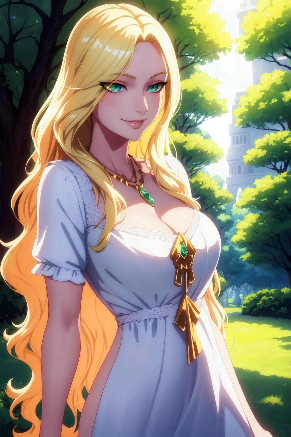 fairytale, a photo of a very sexy young blonde woman. she is slightly smiling.she is wearing an elegant summer blouse and a jeweled necklace, seductive green eyes, in a park.she has beautiful long wavy hair, nikon d850, smooth, dynamic lighting,2.5d