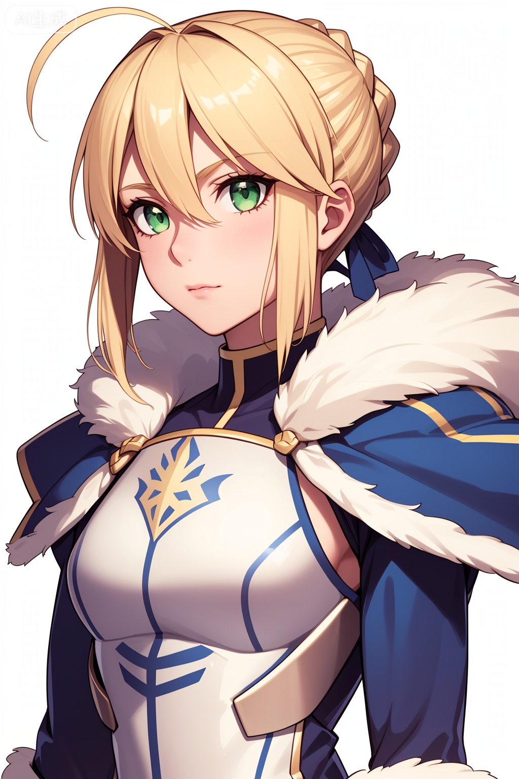 1girl, solo, blonde hair, artoria pendragon (fate), green eyes, , white background, hair between eyes, ribbon, armor, blue ribbon, fur trim, hair ribbon, bangs, ahoge, simple background, closed mouth, braid, short hair,full_body