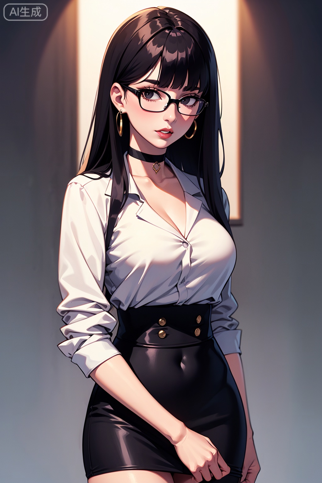 girl solo long hair breasts looking at viewer bangs skirt black hair jewelry jacket earrings parted lips glasses choker blunt bangs black skirt black eyes lips formal suit semi-rimless eyewear pencil skirt under-rim eyewear
