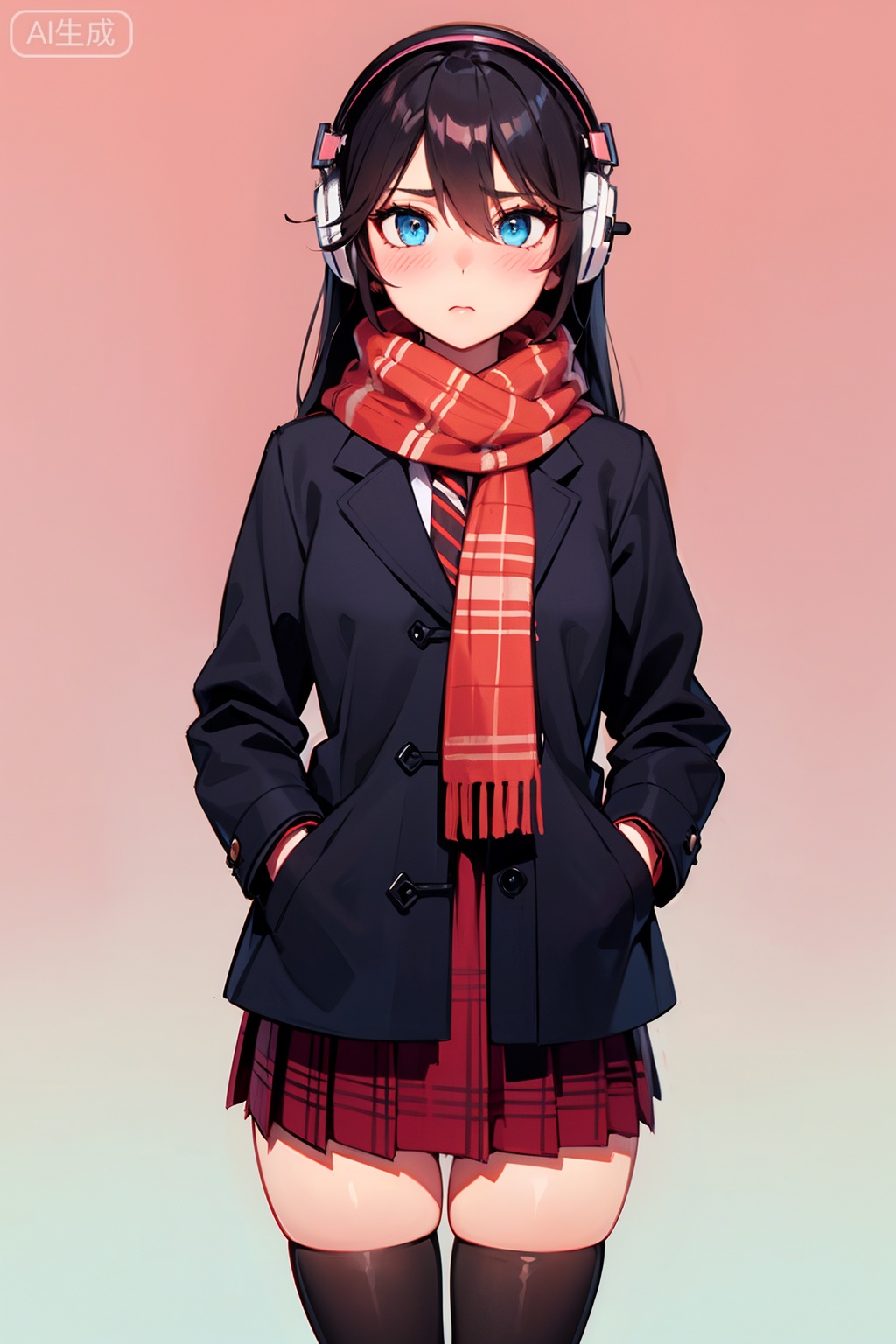  1girl, bangs, black_hair, blue_eyes, blush, breath, coat, cowboy_shot, earmuffs, gradient, gradient_background, hair_between_eyes, hands_in_pockets, headphones, headphones_around_neck, jacket, long_hair, looking_away, pink_background, plaid, plaid_scarf, plaid_skirt, pleated_skirt, red_scarf, scarf, school_uniform, skirt, solo, thighhighs, shota