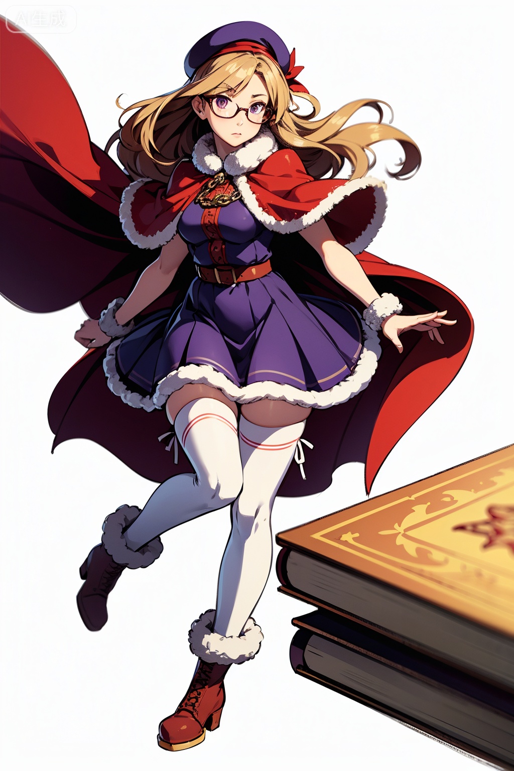 best quality,1girl,glasses,hat,solo,full body,looking at viewer,white background,chain,long hair,purple eyes,book,thighhighs,wavy hair,beret,simple background,frills,brown hair,dress,magic,capelet,boots,white thighhighs,ribbon,skirt,fur trim,blonde hair,cuffs,floating,red headwear,,
