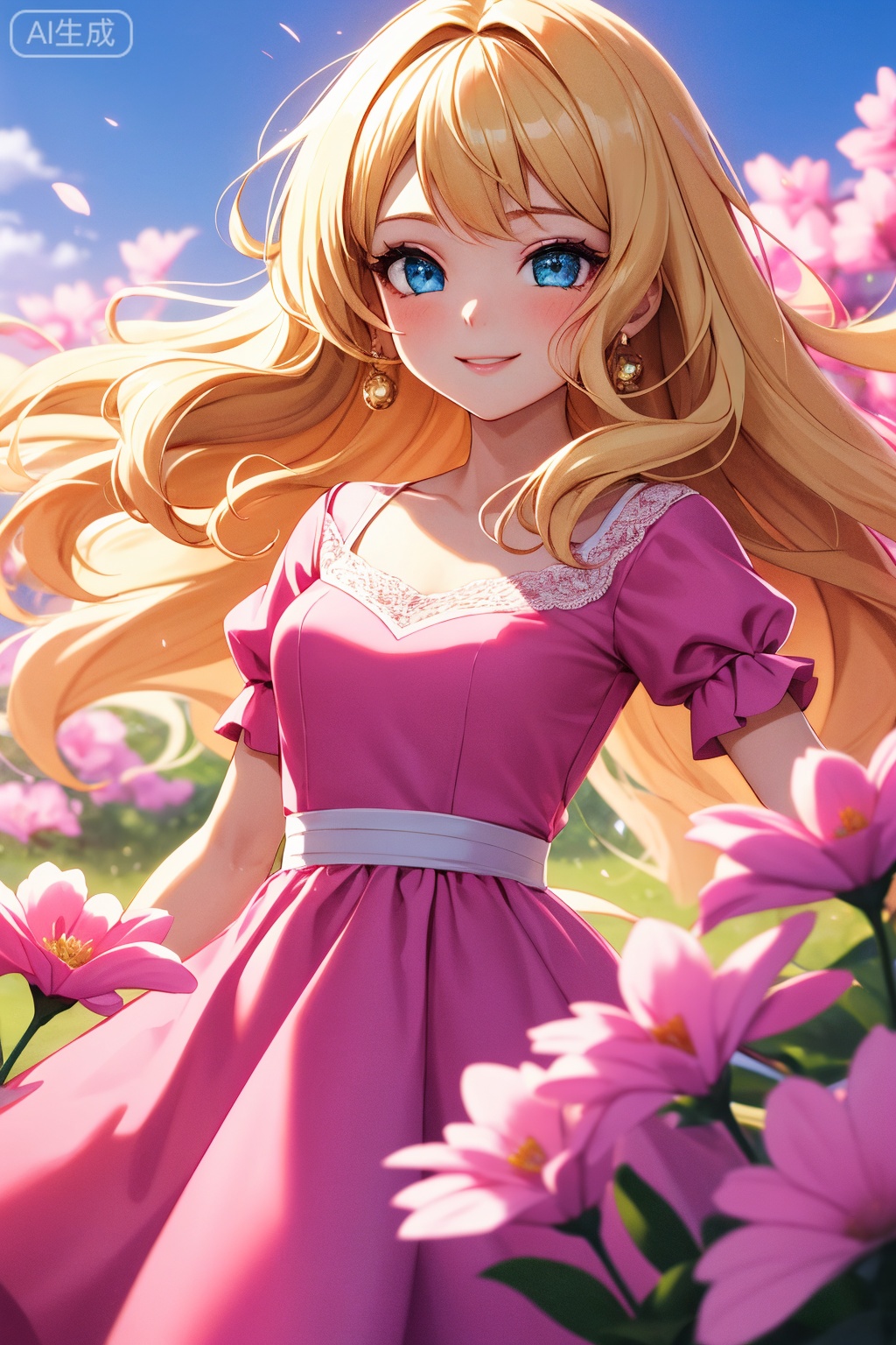 Cute beauty girl with pink dress, blonde curly hair, sweet smile and cute eyes make a heartwarming picture.

In this beautiful picture, the beauty girl is wearing a pink dress, the lace and bow decorations on the dress add a sweetness and cuteness. Her blonde curly hair sparkled in the sunlight, as if it was inlaid with a golden halo. Her smile was as warm and bright as the spring sunshine, letting people feel endless gentleness and kindness. Her eyes were like deep lakes, reflecting endless budding and loveliness.

Behind her was a sea of pink flowers. These flowers bloomed around her as if to welcome her. In the center of the sea of flowers, there was a small and delicate pink castle, the spire of which glittered in the sunlight as if it was a fantastic existence.

The color tone of the picture was dominated by pink, full of sweetness and warmth. The body of the beautiful maiden exuded a faint pink glow, as if it was the aroma emanating from her body. The entire picture was shrouded in a layer of pink aura, making people feel endless tenderness and romance.