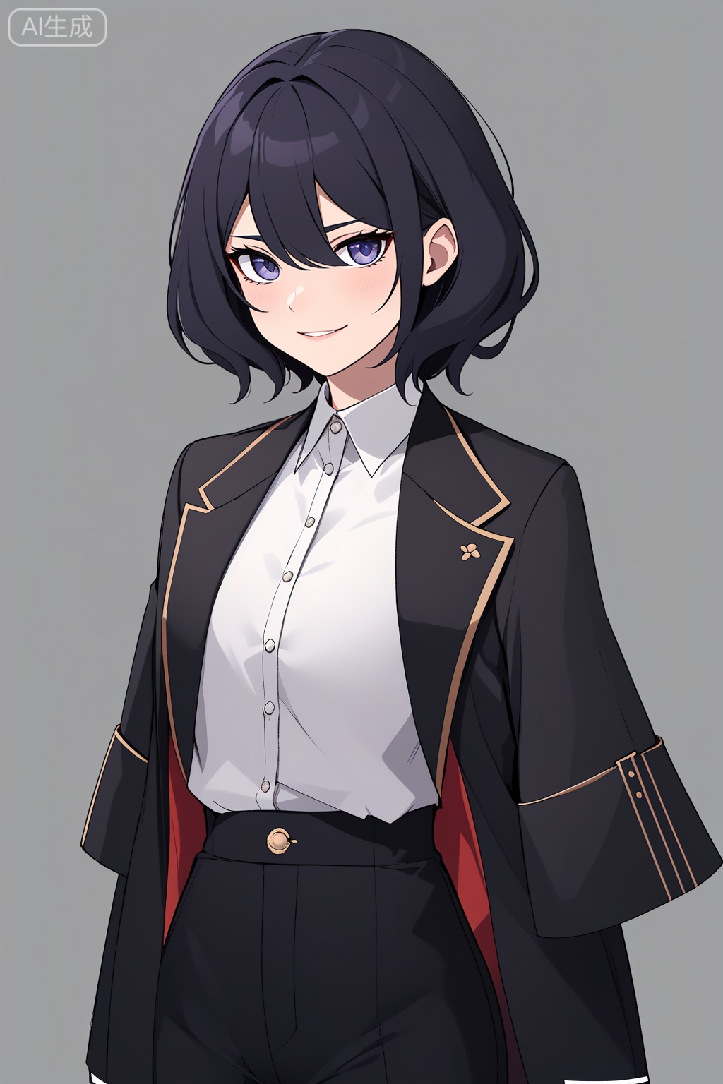  black suit,1girl,Short hair,Smile,Half body, poss,