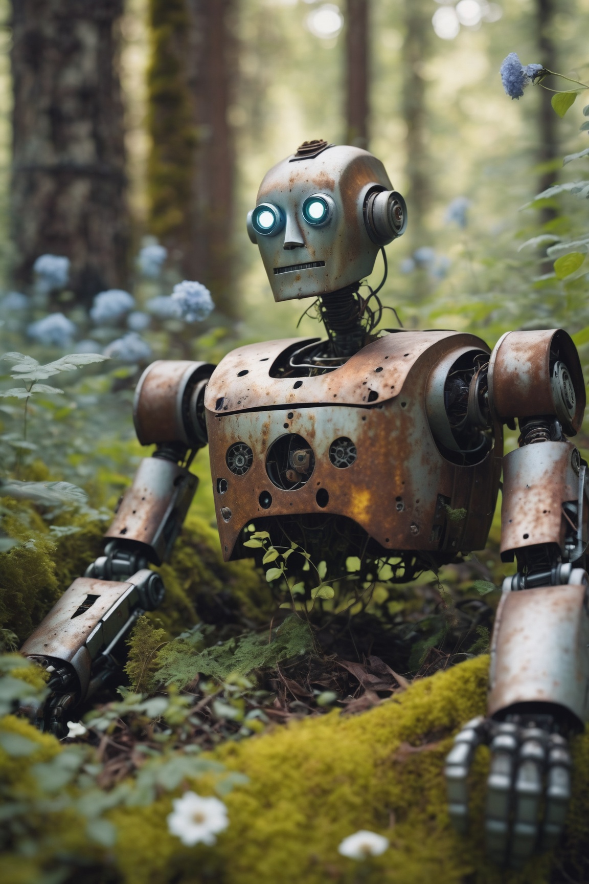a dead old and rusty body of a robot lying in the forrest,  plants and flowers grow out of the body of robot,  depth of fi...