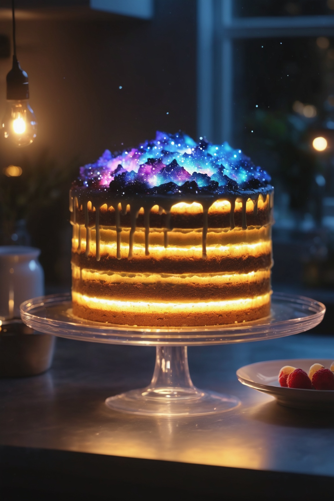 Delicious glowing galaxy cake on a dining table in the kitchen,  comfortable light ,  romantic light on Tensor.Art