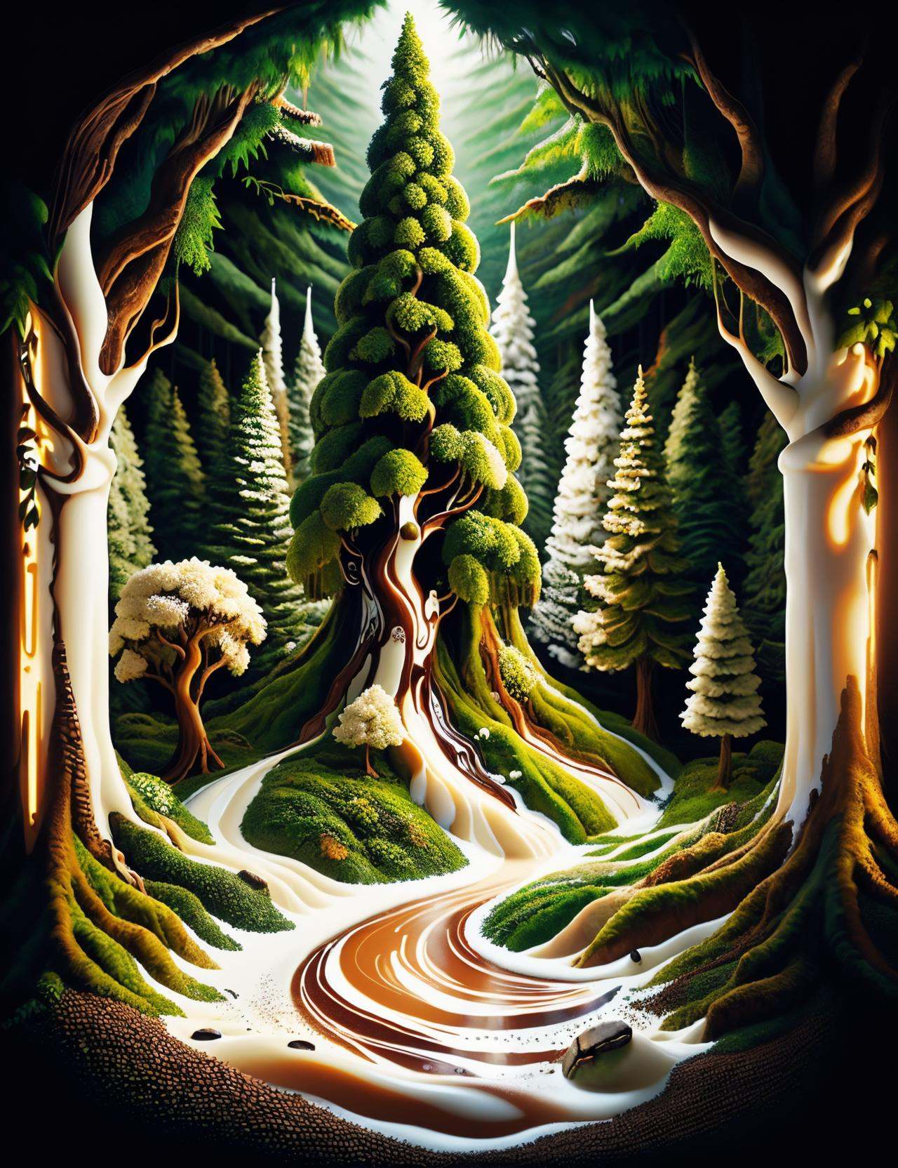 ((best quality)), ((masterpiece)),DonMC0ff33Ch0c  Forest, made of cream and latte, <lora:DonMC0ff33Ch0c_v2-000007:1.0>