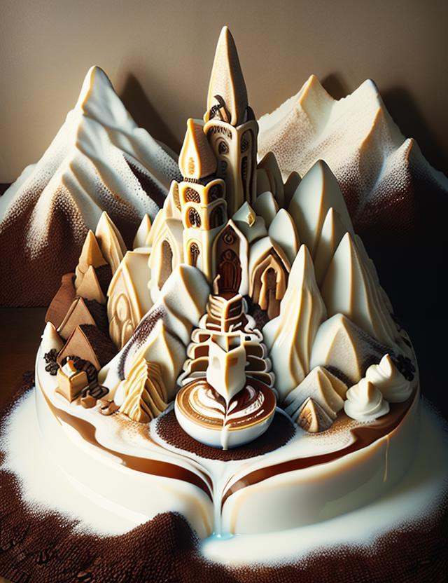((best quality)), ((masterpiece)),DonMC0ff33Ch0c  Mountain Village, made of cream and latte, <lora:DonMC0ff33Ch0c_v2-000007:1.0>
