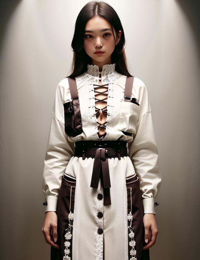 ((best quality)), ((masterpiece)),DonMC0ff33Ch0c  Comfy upper body clothing, Sweetheart Neckline, Biodegradable Smart Fabric, ,  Long Sleeves, Midi Length, Natural Waist,  Side pockets,,Convertible Dress, Button Closure,,Color Palette,Lace-Up Back,,Belt  , Skin-tight lower body clothing, Bioluminescent Silicon, Toile,, Video Art Equipment, Oversized Fit, Drop Waist,  Cargo Pockets,,Pocket Flaps,,Lace-Up Back  , made of cream and latte, <lora:DonMC0ff33Ch0c_v2-000007:1.0>