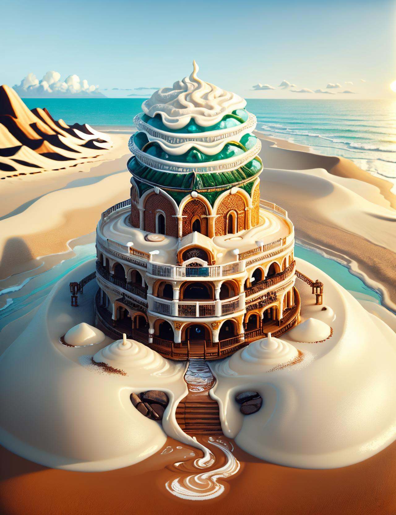 ((best quality)), ((masterpiece)),DonMC0ff33Ch0c  Seaside Resort, made of cream and latte, <lora:DonMC0ff33Ch0c_v2-000007:1.0>