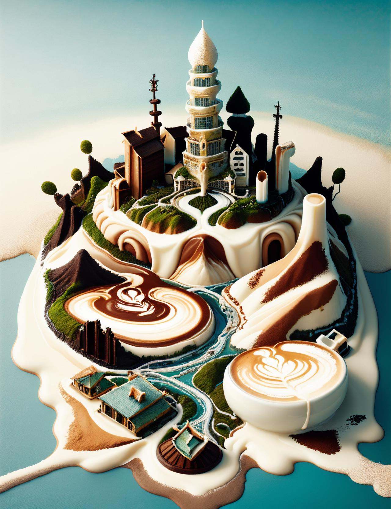 ((best quality)), ((masterpiece)),DonMC0ff33Ch0c  Coastal Town, made of cream and latte, <lora:DonMC0ff33Ch0c_v2-000007:1.0>