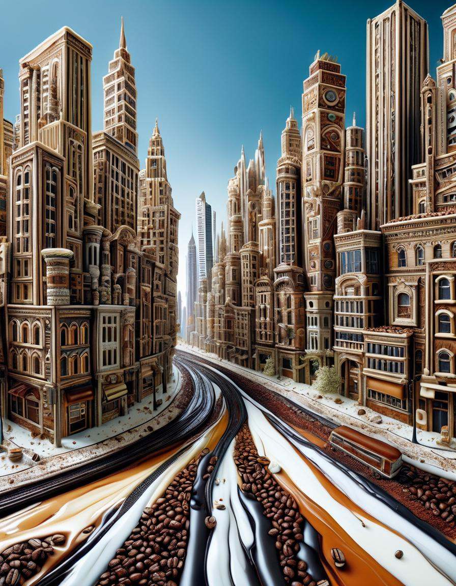 ((best quality)), ((masterpiece)), ((realistic,digital art)), (hyper detailed),DonMC0ff33Ch0c, City, organic, irregular shapes , <lora:DonMC0ff33Ch0c_XL-000009:1.0>