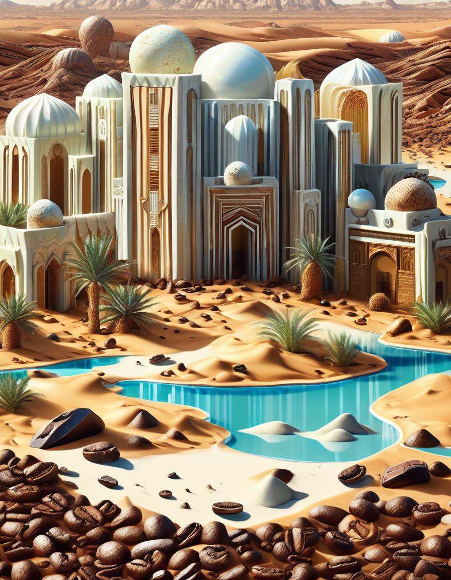 ((best quality)), ((masterpiece)), ((realistic,digital art)), (hyper detailed),DonMC0ff33Ch0c, Desert Oasis, organic, irregular shapes , <lora:DonMC0ff33Ch0c_XL-000006:1.0>