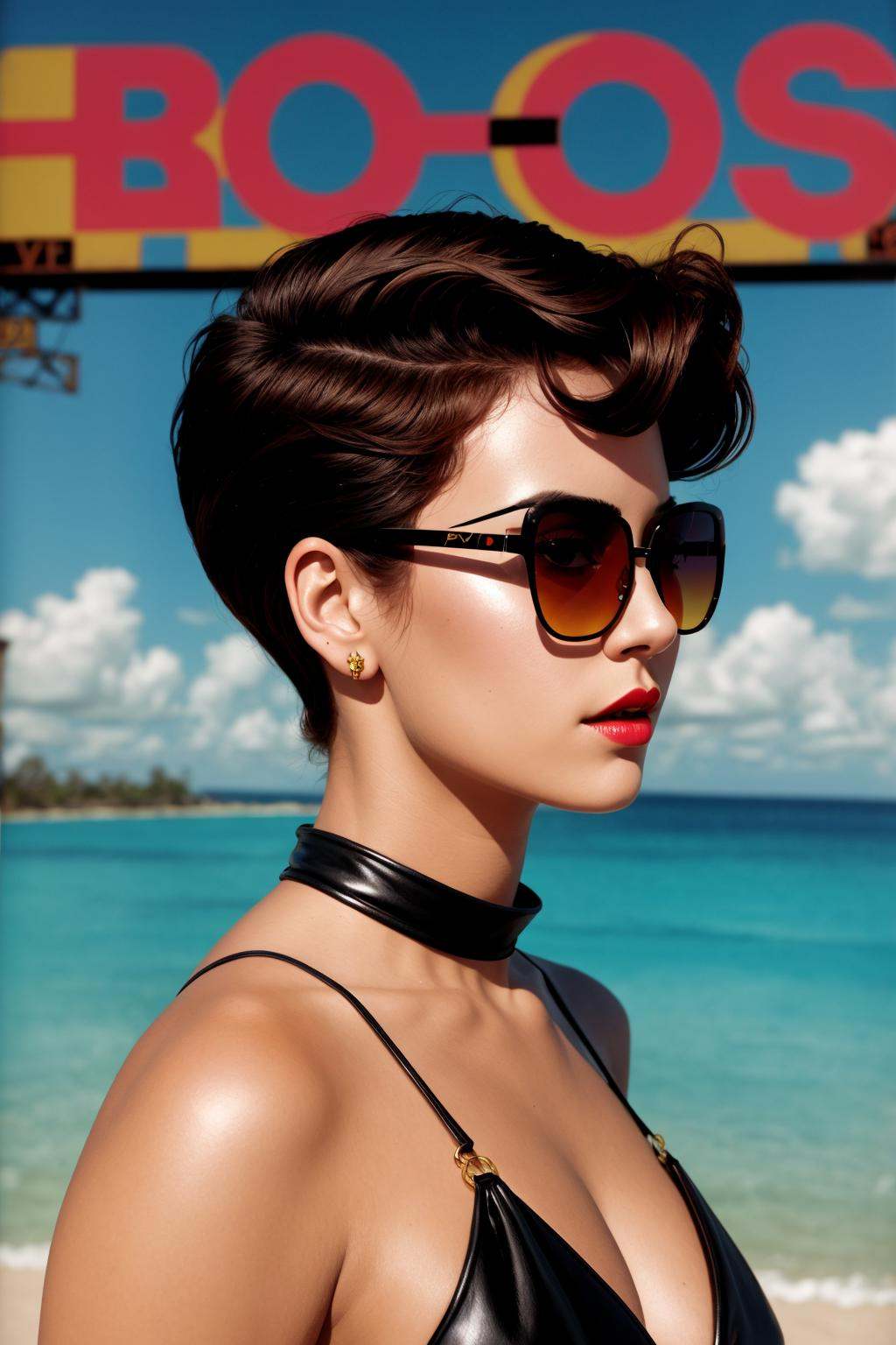 front profile full body Photography, in font of a rusty billboard, a hip hop 80's British model woman with 50's haircut, in spltc and large sunglasses, 80 degree view, art by Sergio Lopez , Natalie Shau, james jean and salvador dali <lora:leather jacket with spikes_v1:1>