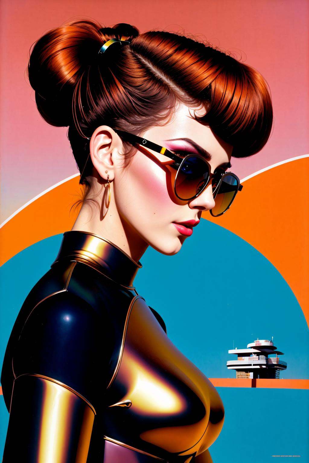front profile full body Photography, in font of a rusty billboard, a hip hop 80's British model woman with 50's haircut, in spltc and large sunglasses, 80 degree view, art by Sergio Lopez , Natalie Shau, james jean and salvador dali <lora:leather jacket with spikes_v1:1> <lora:mttck_v3:1>