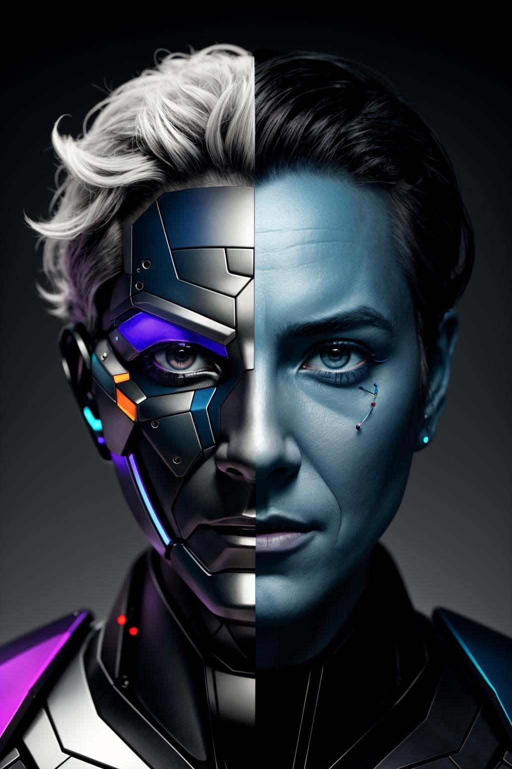 Transform a robot's face into a half-cyborg, old, half-Al hybrid, utilizing colors commonly associated with Al blue and purple. Render the image in 4K resolution, and include a sleek logo. Emphasize hyper-realistic features and subtle details, blurring the line between human and machine. Inspired by the art of Yoshitaka Amano, this image should be a unique blend of science and humanity, showcasing the creative potential of Al in the digital age.