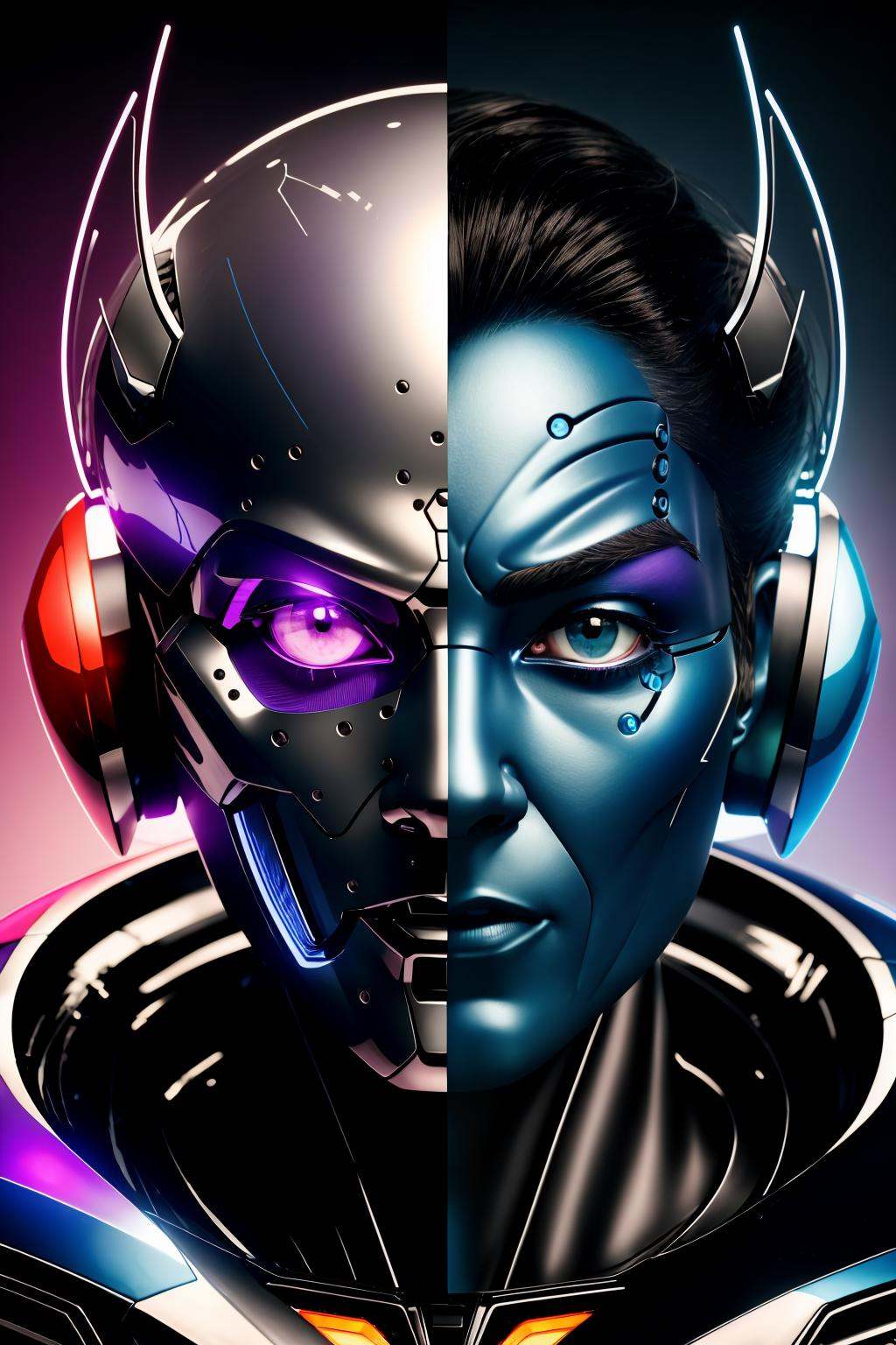 Transform a robot's face into a half-cyborg, old, half-Al hybrid, utilizing colors commonly associated with Al blue and purple. Render the image in 4K resolution, and include a sleek logo. Emphasize hyper-realistic features and subtle details, blurring the line between human and machine. Inspired by the art of Yoshitaka Amano, this image should be a unique blend of science and humanity, showcasing the creative potential of Al in the digital age. <lora:mttck_v3:1>