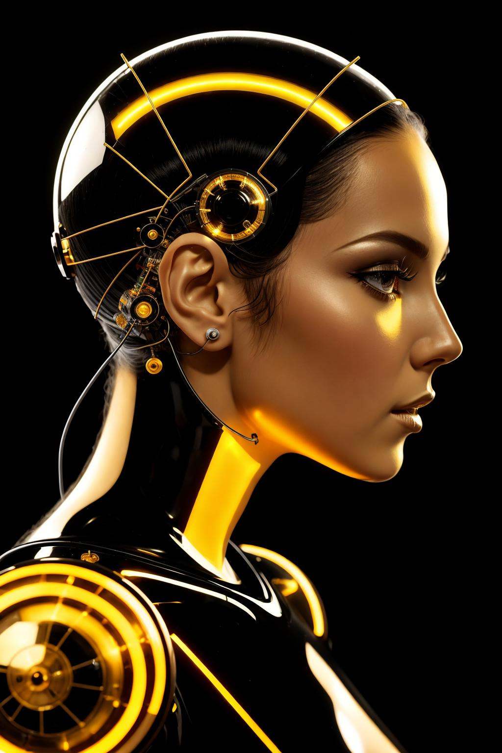 profile Photography, in front of a black wall, a cyborg woman head without body, connected by cables and wires and LED, an attractive transparent gold plexiglass body punk PLC Robots with silver motor head, with ray guns, 80 degree view, art by Sergio Lopez , Natalie Shau, James Jean and Salvador Dali