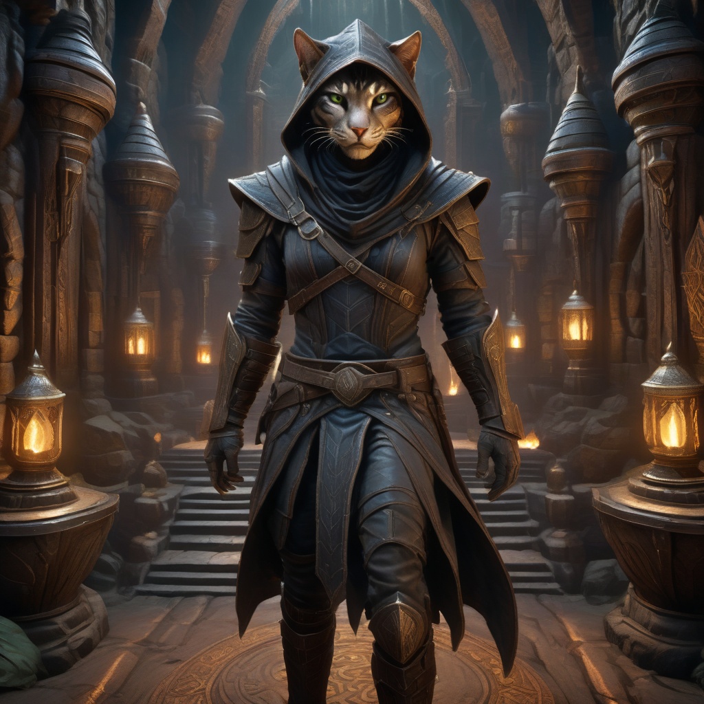 an Elder Khajiit Thief adorned in a specialized leather armor set designed for stealth and agility in the world of Elder S...
