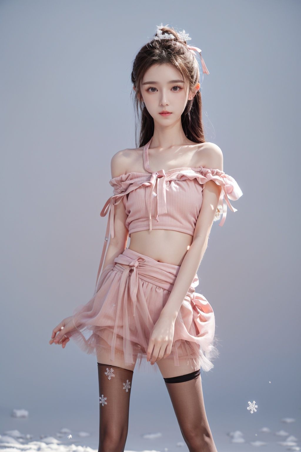 DSLR ,(masterpiece), (top quality, best quality, official art, beauty and aesthetics:1.2),Hazy, dreamy atmosphere,Ray tracing, Gaussian blur,Halos, particle effects,cg photos,1girl,(slender legs:1.3),long legs,long hair,Chest fluffy decoration, pink fluffy,(pink fluff:1.25), (pink skirt:1.25),(pink miniskirt:1.25),(black pantyhose:1.3),(pink ribbon:1.15),(solo:1.2),mature_female,(bare_shoulder:1.35),(bare_navel:1.35),(bare_waist:1.5),closed_mouth,smooth skin,(tight:1.2),(Short neck1.15),,Smooth skin, fair skin,tender skin,sexy girl,Royal Sister,RoyalSister face,looking_at_viewer,deep pink background, Snow background,falling_snow,(falling snowflakes:1.5),ice crystal,transparent,from_side,,,blackpantyhose,hanikezi,lips