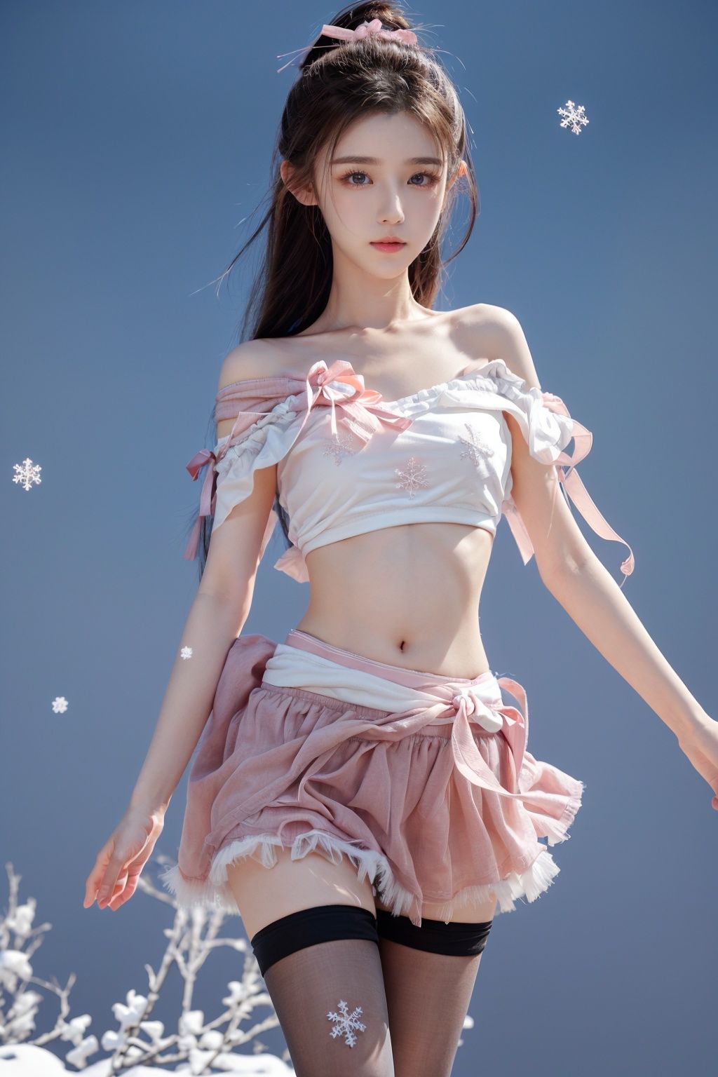  ,(masterpiece), (top quality, best quality, official art, beauty and aesthetics:1.2),Hazy, dreamy atmosphere,Ray tracing, Gaussian blur,Halos, particle effects,cg photos,1girl,(slender legs:1.3),long legs,long hair,Chest fluffy decoration, pink fluffy,(pink fluff:1.25), (pink skirt:1.25),(pink miniskirt:1.25),(black pantyhose:1.3),(pink ribbon:1.15),(solo:1.2),mature_female,(bare_shoulder:1.35),(bare_navel:1.35),(bare_waist:1.5),closed_mouth,smooth skin,(tight:1.2),(Short neck1.15),,Smooth skin, fair skin,tender skin,sexy girl,Royal Sister,RoyalSister face,looking_at_viewer,deep pink background, Snow background,falling_snow,(falling snowflakes:1.5),ice crystal,transparent,from_side,,,blackpantyhose,hanikezi,lips