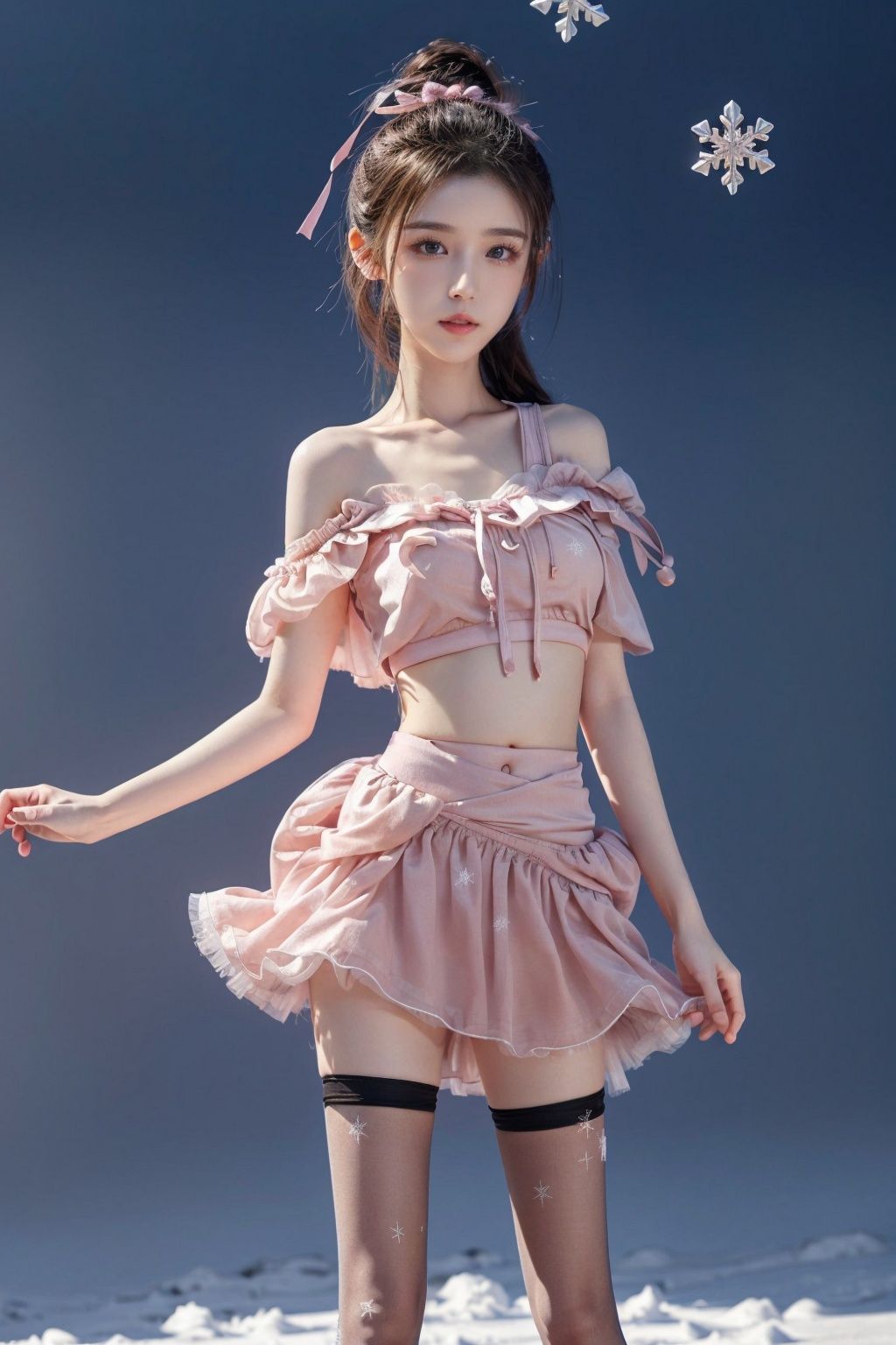  ,(masterpiece), (top quality, best quality, official art, beauty and aesthetics:1.2),Hazy, dreamy atmosphere,Ray tracing, Gaussian blur,Halos, particle effects,cg photos,1girl,(slender legs:1.3),long legs,long hair,Chest fluffy decoration, pink fluffy,(pink fluff:1.25), (pink skirt:1.25),(pink miniskirt:1.25),(black pantyhose:1.3),(pink ribbon:1.15),(solo:1.2),mature_female,(bare_shoulder:1.35),(bare_navel:1.35),(bare_waist:1.5),closed_mouth,smooth skin,(tight:1.2),(Short neck1.15),,Smooth skin, fair skin,tender skin,sexy girl,Royal Sister,RoyalSister face,looking_at_viewer,deep pink background, Snow background,falling_snow,(falling snowflakes:1.5),ice crystal,transparent,from_side,,,blackpantyhose,hanikezi,lips