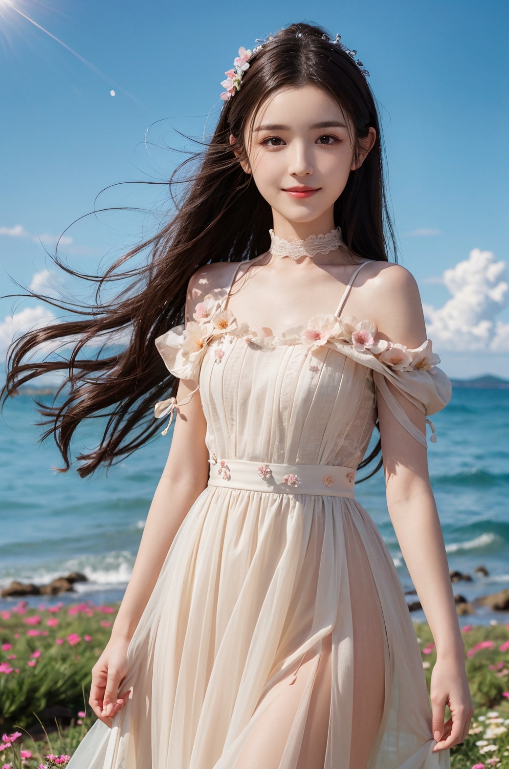  HDR, UHD, 8K, Highly detailed, best quality, masterpiece, 1girl, realistic, Highly detailed, (EOS R8, 50mm, F1.2, 8K, RAW photo:1.2), ultra realistic 8k cg,1 girl, solo focus,peafect body,Long hair,Messy hair,Bangs,hair between eyes,Sidelocks,Hair over shoulder,very long hair,shiny hair,floating hair,Bright eyes,big eyes,detailed eyes,beautiful eyes,hair ornament,hair flower,choker,frilled dress with lace,long dress,pleated dress,[loli],,outdoors,water,flower, in the ((sea of flowers)), flower field,meadow,beautiful detailed sky,feather,nature,(sunlight), skirt up,,moist skin, shiny skin, glossy skin, (best illumination, best shadow, extremely delicate and beautiful), perfect lighting, original, highres, dynamic angle, floating,depth of field, caustics,lens flare,warm lighting,(official art,beautiful and aesthetic:1.2),beautiful face, ultra detailed eyes, looking_at_viewer,kind smile,pose for picture,, hanikezi