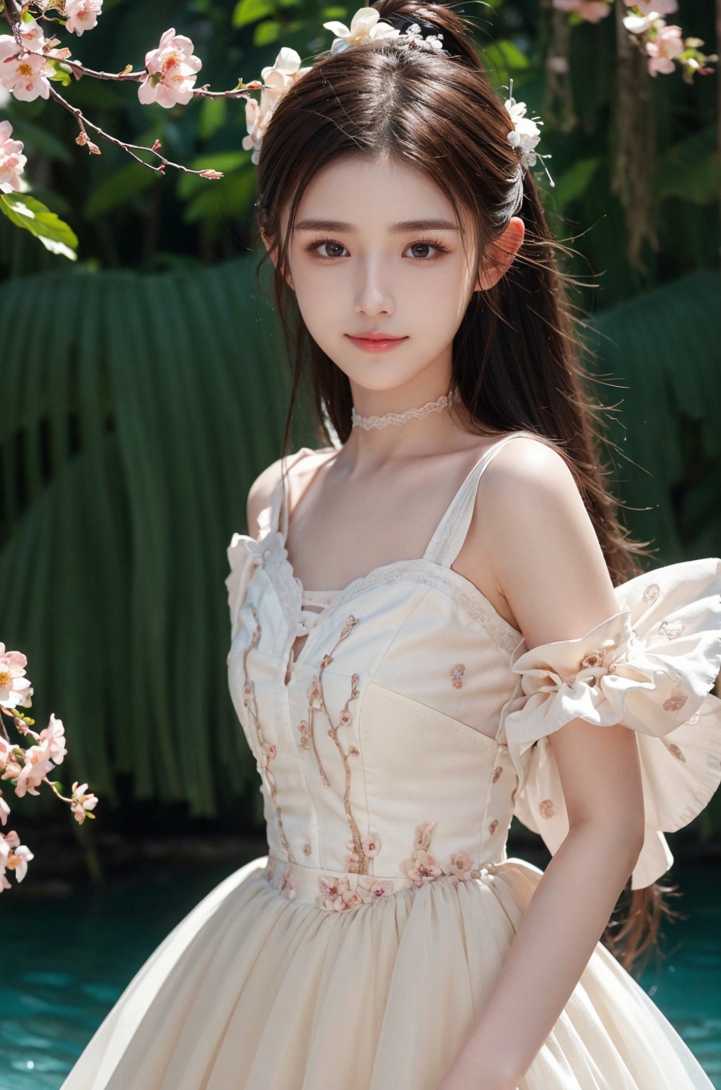  HDR, UHD, 8K, Highly detailed, best quality, masterpiece, 1girl, realistic, Highly detailed, (EOS R8, 50mm, F1.2, 8K, RAW photo:1.2), ultra realistic 8k cg,1 girl, solo focus,peafect body,Long hair,Messy hair,Bangs,hair between eyes,Sidelocks,Hair over shoulder,very long hair,shiny hair,floating hair,Bright eyes,big eyes,detailed eyes,beautiful eyes,hair ornament,hair flower,choker,frilled dress with lace,long dress,pleated dress,[loli],,outdoors,water,flower, in the ((sea of flowers)), flower field,meadow,beautiful detailed sky,feather,nature,(sunlight), skirt up,,moist skin, shiny skin, glossy skin, (best illumination, best shadow, extremely delicate and beautiful), perfect lighting, original, highres, dynamic angle, floating,depth of field, caustics,lens flare,warm lighting,(official art,beautiful and aesthetic:1.2),beautiful face, ultra detailed eyes, looking_at_viewer,kind smile,pose for picture,, hanikezi