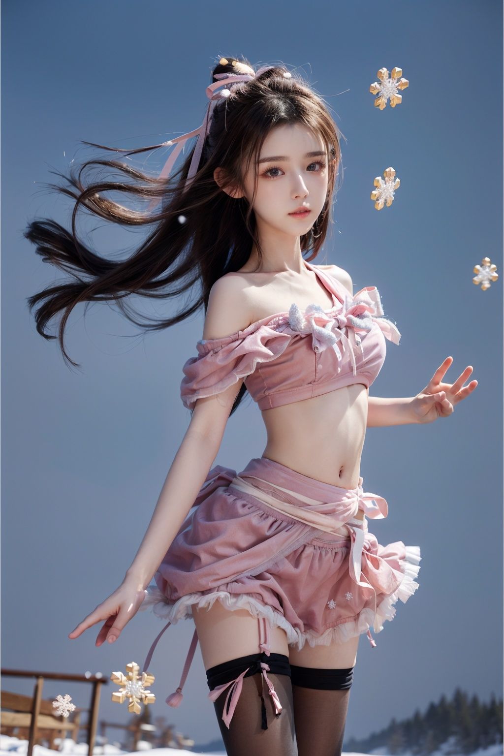  ,(masterpiece), (top quality, best quality, official art, beauty and aesthetics:1.2),Hazy, dreamy atmosphere,Ray tracing, Gaussian blur,Halos, particle effects,cg photos,1girl,(slender legs:1.3),long legs,long hair,Chest fluffy decoration, pink fluffy,(pink fluff:1.25), (pink skirt:1.25),(pink miniskirt:1.25),(black pantyhose:1.3),(pink ribbon:1.15),(solo:1.2),mature_female,(bare_shoulder:1.35),(bare_navel:1.35),(bare_waist:1.5),closed_mouth,smooth skin,(tight:1.2),(Short neck1.15),,Smooth skin, fair skin,tender skin,sexy girl,Royal Sister,RoyalSister face,looking_at_viewer,deep pink background, Snow background,falling_snow,(falling snowflakes:1.5),ice crystal,transparent,from_side,,,blackpantyhose,hanikezi