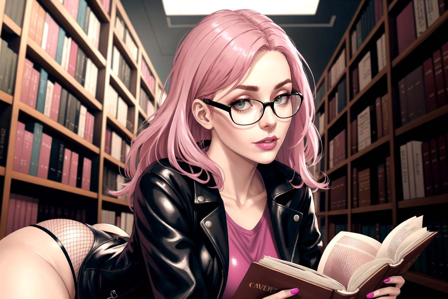 pink haired woman in fishnet stockings and leather jacket with thick rimmed glasses,  in the library,  looking up at you w...