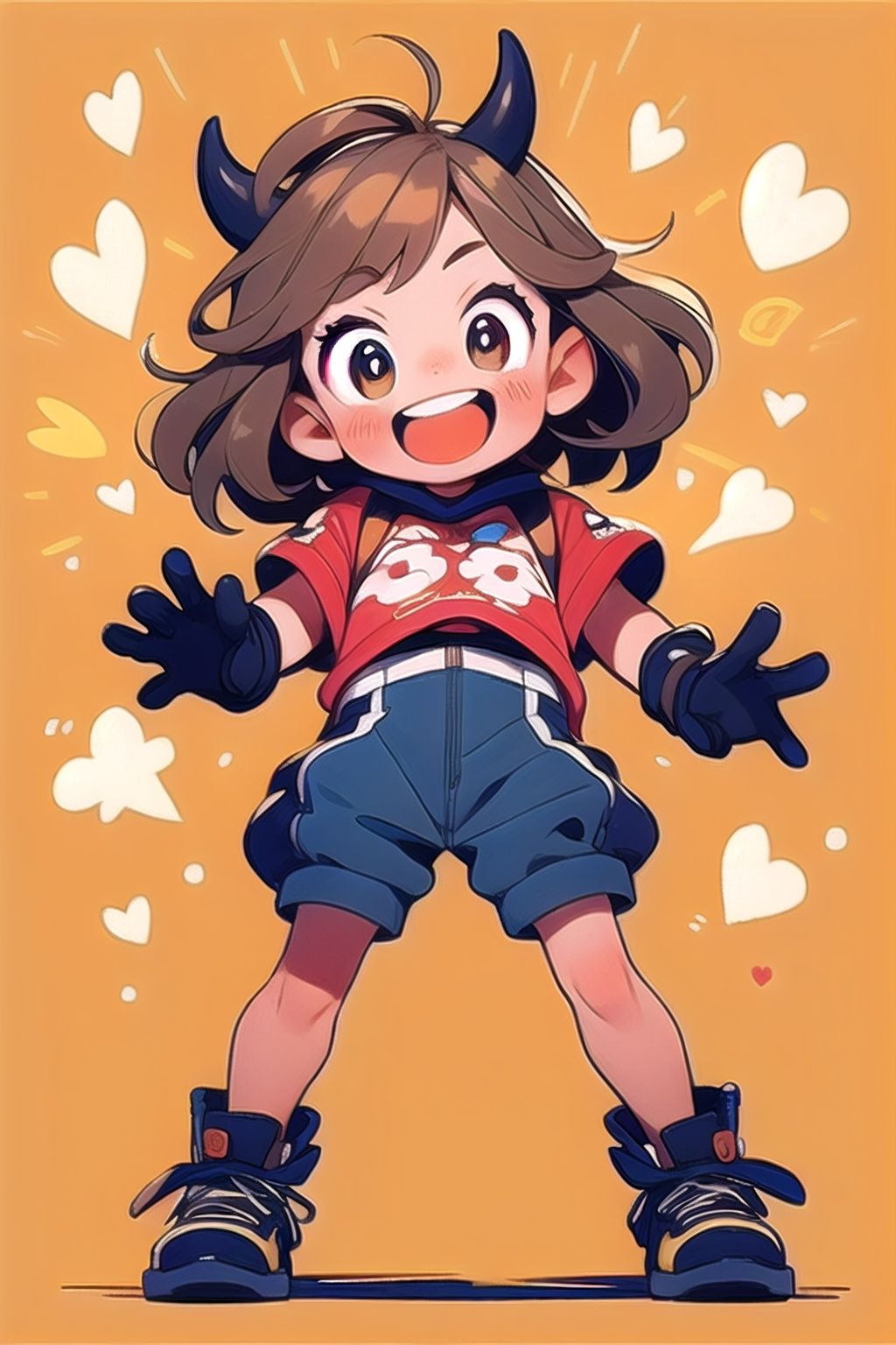 1girl,solo, brown eyes, open mouth, male child,  smile, horns, male focus, blush, child, teeth, standing, simple background, gloves,tuyagirl