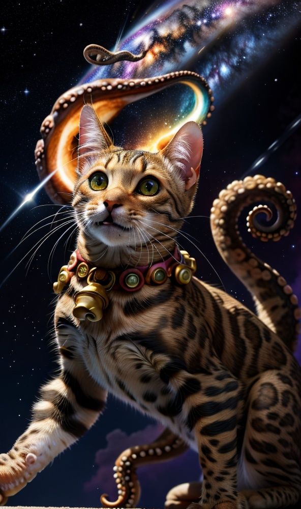 Best quality,ultra high res,high detail,detailed background,AP,Bengal cat,(cat:1.1),With a bell around his neck,no humans,open your mouth,(in the universe:1.3),(Galaxy:1.2),(Planet:1.3),wearing superhuman clothes,(There are meteorites around:1.1),explosion,black hole explosion,starry_sky,<lora:MG_宠物之家_V1.0:0.35>,earth,<lora:Bengal ocelot:0.65>,watching the audience,(backlight:1.3),star necklace,meteor,(rainbow:1.2),colorful,cutting,(eat this octopus:1.2),(octopus:1.3),
