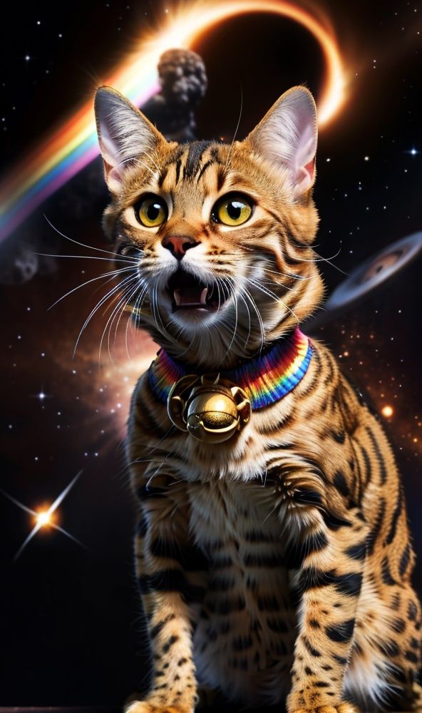 Best quality,ultra high res,detailed background,AP,Bengal cat,cat,With a bell around his neck,no humans,open your mouth,(in the universe:1.3),(Galaxy:1.1),(Planet:1.2),wearing superhuman clothes,There are meteorites around,explosion,black hole explosion,ship,starry_sky,<lora:MG_宠物之家_V1.0:0.35>,wearing clothes,earth,<lora:Bengal ocelot:0.65>,watching the audience,(backlight:1.2),meteor,star collar,(rainbow:1.2),