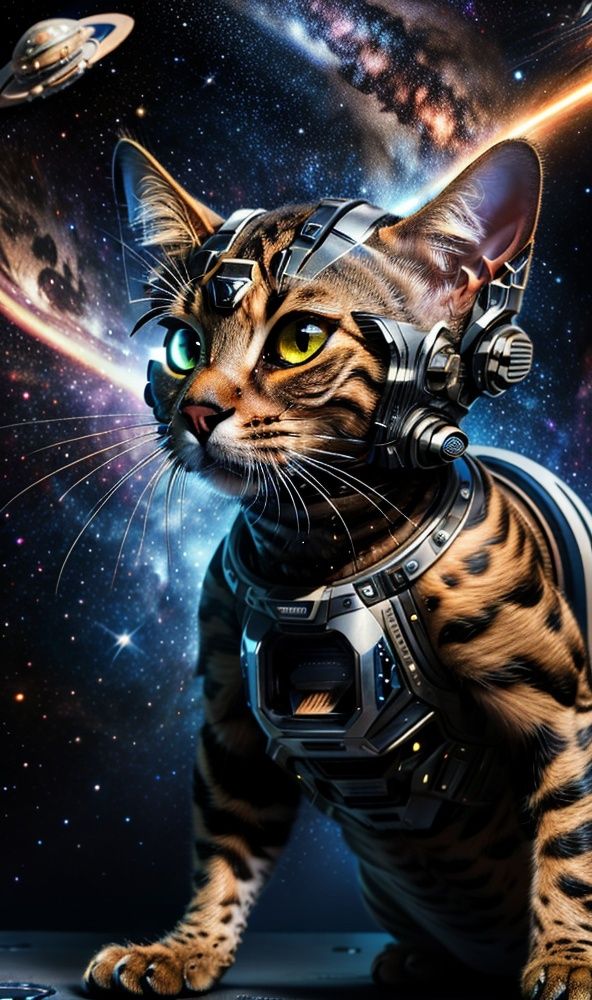 Best quality,ultra high res,high detail,detailed background,AP,Bengal cat,(cat:1.1),no humans,<lora:MG_宠物之家_V1.0:0.35>,earth,<lora:Bengal ocelot:0.65>,colorful, facing viewer, imposing, dark colored, engraved body armor, glowing helmet visor, weaponized, (futuristic mixed with vintage elements as theme:1.5), (space background:1.5),