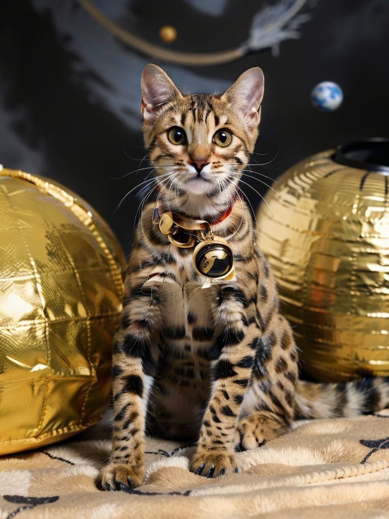 Best quality,ultra high res,detailed background,AP,Bengal cat,cat,With a bell around his neck,color ink,Galaxy,Planet,Wearing a spacesuit,There are meteorites around,no humans,<lora:MG_宠物之家_V1.0:0.35>,