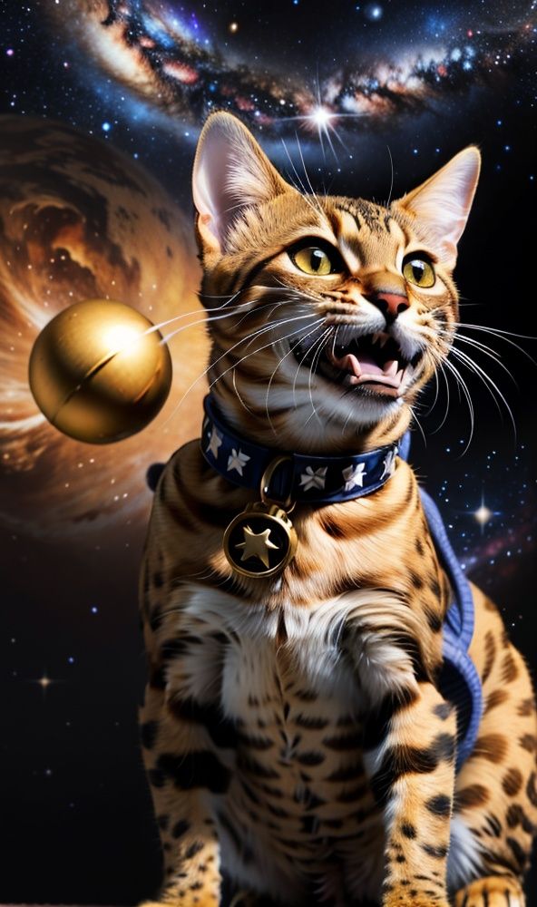 Best quality,ultra high res,detailed background,AP,Bengal cat,cat,With a bell around his neck,no humans,open your mouth,(in the universe:1.3),(Galaxy:1.1),(Planet:1.2),wearing superhuman clothes,There are meteorites around,explosion,ship,starry_sky,<lora:MG_宠物之家_V1.0:0.35>,wearing clothes,earth,phantasy star,