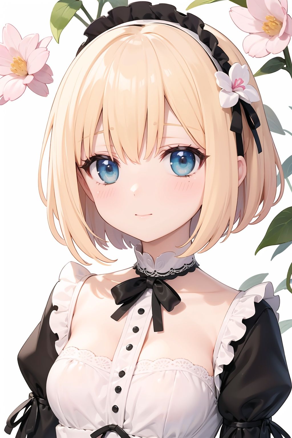 pretty 1girl, platinum blonde hair, bob cut, breasts,medium breasts,garden background, flowers,  magnolias,close up portrait, lace skirt, Gothic Lolita