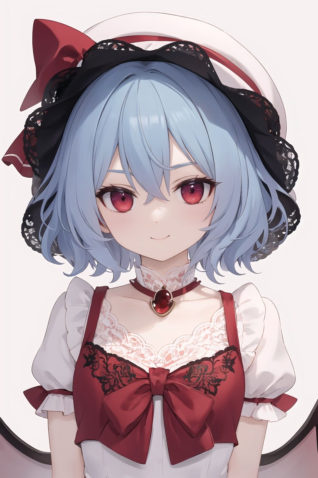 Remilia Scarlet, zun hat, extremely detailed lace, :), upper body, arms at sides, lace, Blue hair