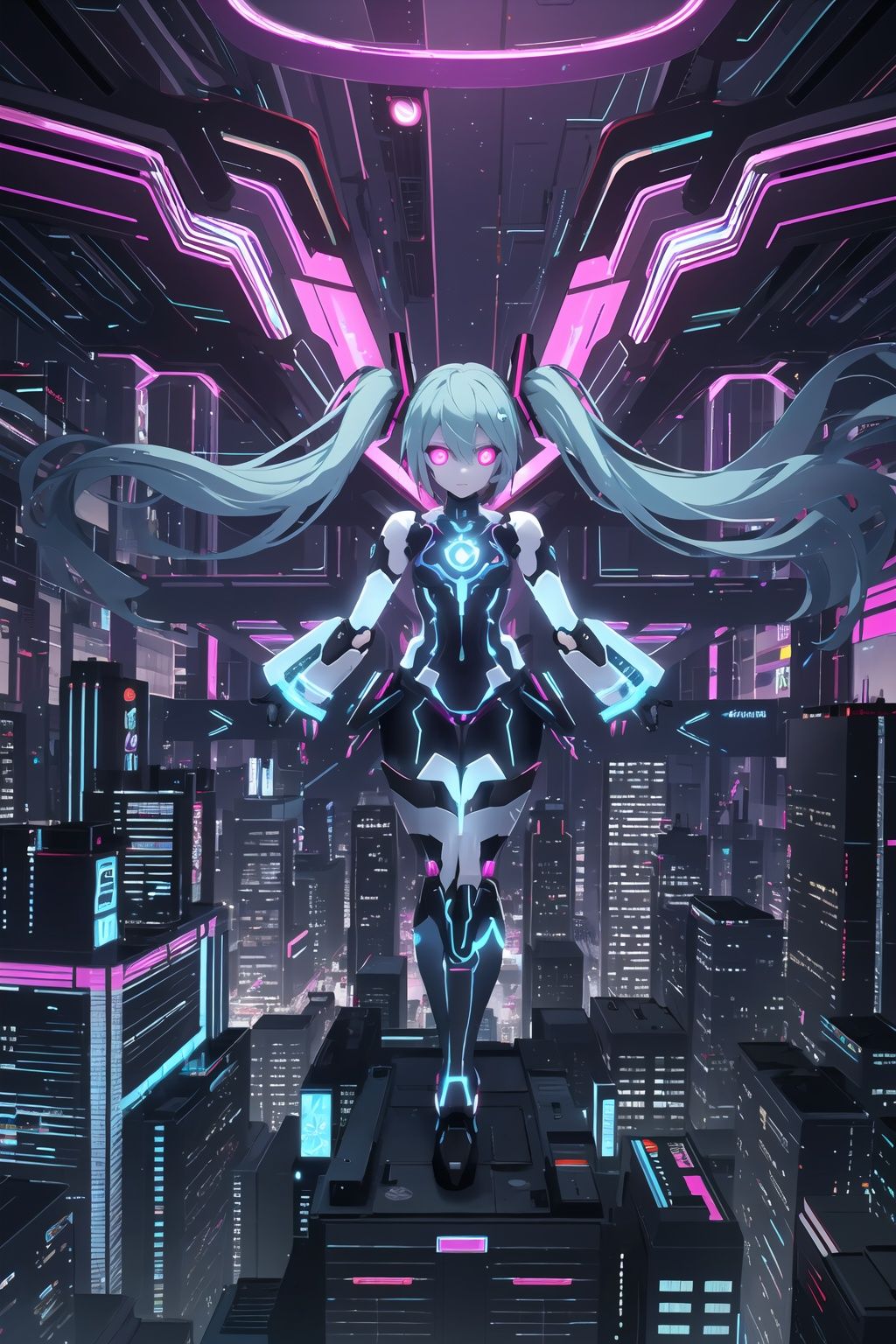 futuristic-style Hatsune Miku,cyberpunk elements,neon lights,holographic accessories,digital environment,advanced technology,robotic aesthetics,anime character,colorful hair,dynamic pose,urban backdrop,glowing eyes,virtual idol,high-tech fashion,immersive atmosphere,vibrant colors,future city skyline,cutting-edge design,stylish outfit,hologram effects,digital art,sci-fi elements,energetic vibe,youth culture,modern anime style,holographic display,illuminated cityscape,night scene,advanced gadgets,cool attitude,, masterpiece, best quality,