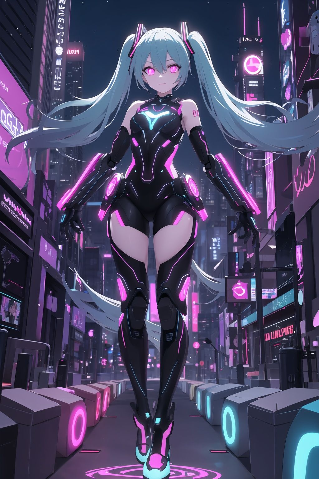 futuristic-style Hatsune Miku,cyberpunk elements,neon lights,holographic accessories,digital environment,advanced technology,robotic aesthetics,anime character,colorful hair,dynamic pose,urban backdrop,glowing eyes,virtual idol,high-tech fashion,immersive atmosphere,vibrant colors,future city skyline,cutting-edge design,stylish outfit,hologram effects,digital art,sci-fi elements,energetic vibe,youth culture,modern anime style,holographic display,illuminated cityscape,night scene,advanced gadgets,cool attitude,, masterpiece, best quality,