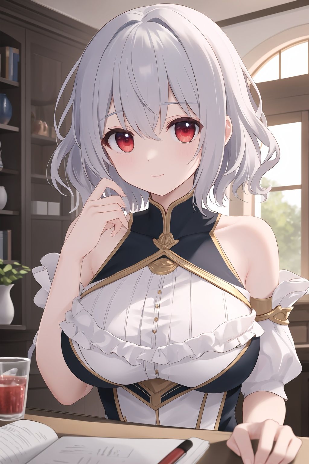 (masterpiece, best quality, high quality, highres, ultra-detailed), indoors, short hair, silver hair, red eyes, wavy hair, large breasts, close-up, fantasy clothes, frills