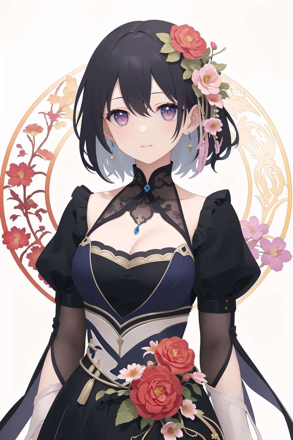 Upper body,  portrait,  feature,  anime, (masterpiece,  top quality,  best quality,  official art,  beautiful and aesthetic:1.2),  (1girl:1.3),  (profile: 0.6) upper body, extreme detailed, (fractal art:1.3), colorful,  (flowers: 1.2),  highest detailed, looking at viewer