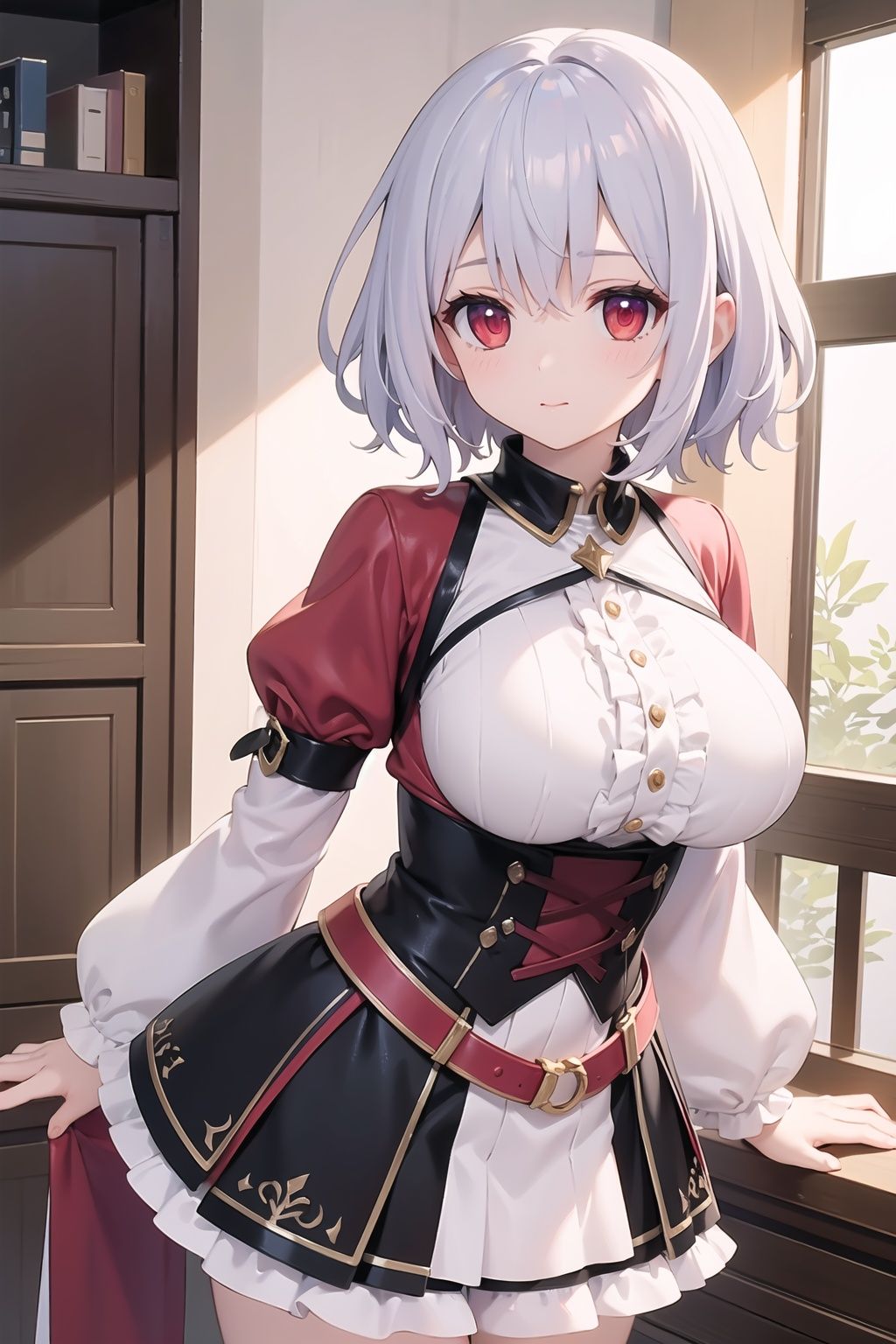 (masterpiece, best quality, high quality, highres, ultra-detailed), indoors, short hair, silver hair, red eyes, wavy hair, large breasts, close-up, fantasy clothes, frills