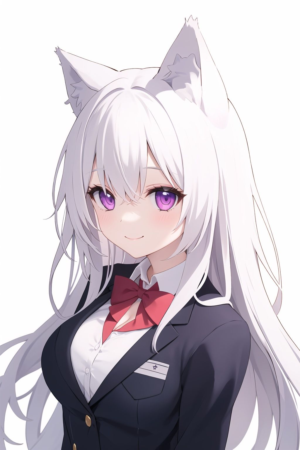 cleavage,(white hair:1.2),cat ears,animal ear fluff,school uniform,1girl,solo,looking at viewer,flower,long hair,bangs,closed mouth,simple background,white background,upper body,hair intakes,purple eyes,expressionless,eyelashes,best quality,smile,